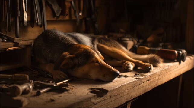 dog sleeping workshop corner warm light tools background loyal companion realism atmosphere