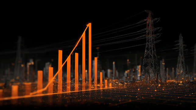 A dynamic business growth graph with electric towers, showcasing progress and technology in a modern landscape.