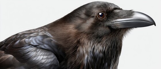 Obraz premium Monochrome raven portrait showcasing details of feathers and features against a clean white background with a strong focus on natural light and texture