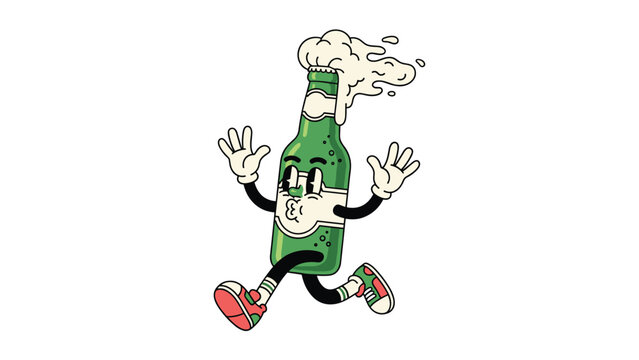 Funny vintage mascot of a green beer bottle character running with overflowing foam in retro rubber hose animation style.