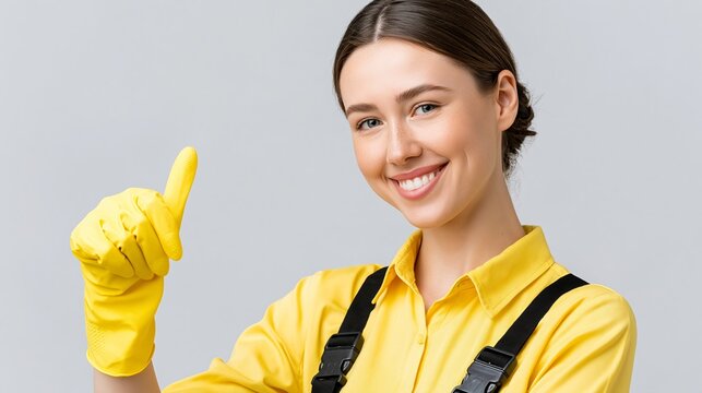 Caucasian female cleaner wearing yellow gloves and shirt gives a thumbs up gesture, smiling confidently against a neutral gray background