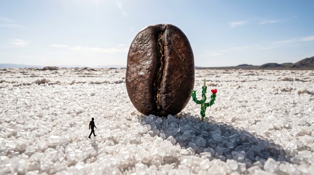 A coffee bean as a giant boulder in a desert of white sugar crystals