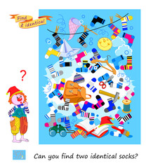 Fototapeta premium Can you find two identical socks? Hand drawn vector illustration. Logic puzzle for children and adults. Game Seek and Find. Page for kids brain teaser book. Task for the most attentive. IQ test.