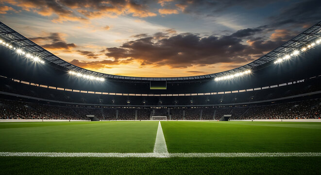 Illuminated professional football stadium with green pitch and dramatic sunset sky football professional capacity championship landscape illuminated stadiums building architecture