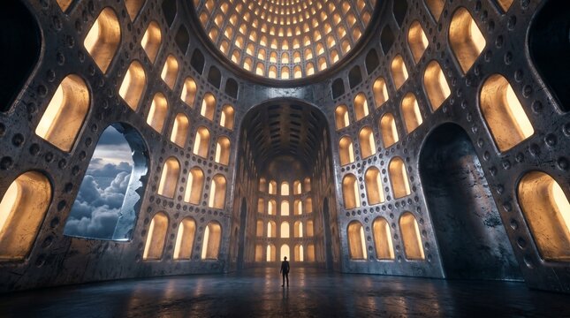 A human standing inside a hollowed thimble like a cathedral nave