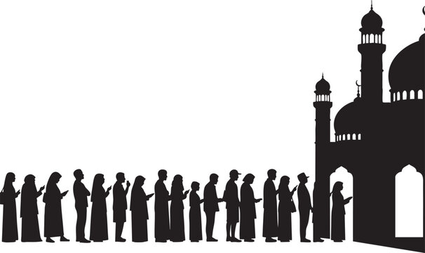 People lining up before a mosque entrance with silhouette, gathering