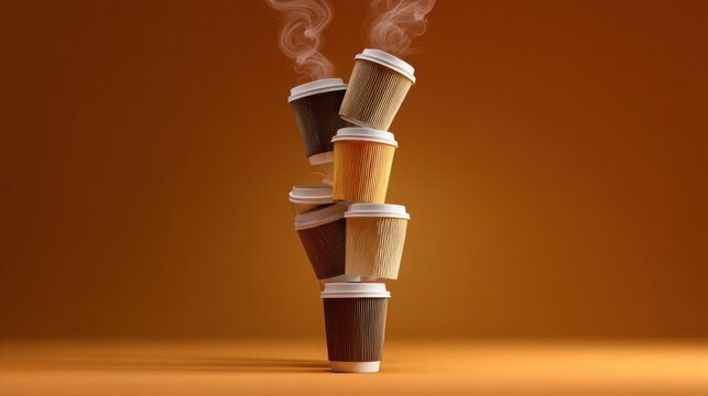 Floating vertical stack of coffee cups with slight rotation, soft steam, warm tones, minimal background, concept of energy and routine, large space
