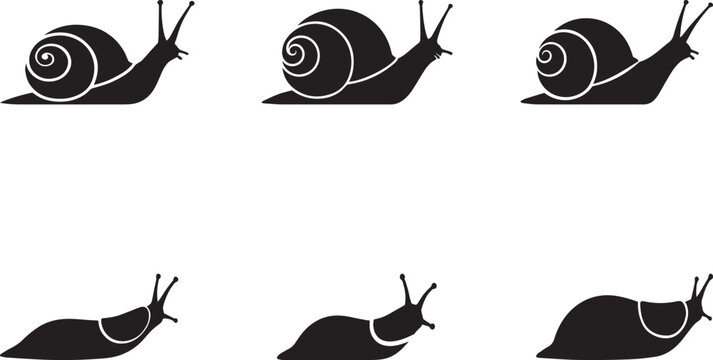snail and slug animal icon, solid black, white background, minimalist, sharp edges, vector style.