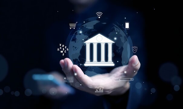 Digital Banking Concept with Virtual Bank Icon in Hand &ndash; Fintech, Online Finance and Secure Transactions