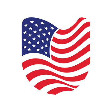 Shield shape with waving american flag pattern, red and white stripes and blue field with white stars