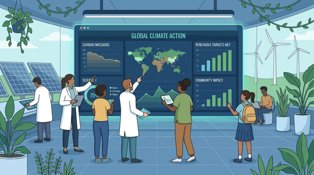 Global climate action scientists and students analyzing data on world map and renewable energy sources