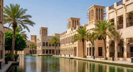 Obraz premium Traditional middle eastern buildings with wind towers by water at sunset