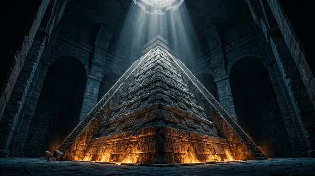 Ancient stone pyramid with intricate carvings illuminated by divine light beams and a warm fire glowing at its base within a dimly lit cavernous structure.