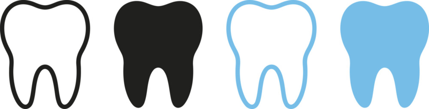 Four tooth icons black white outline and blue variations
