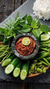 Fresh Malaysian Ulam-ulaman - Assorted Traditional Raw Herbs with Spicy Sambal Belacan and Steaming Hot White Rice Static Shot