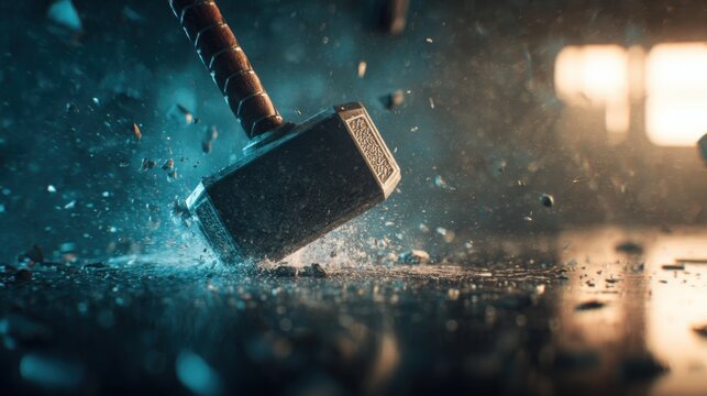 hammer impact moment contact surface motion freeze industrial force concept dramatic lighting