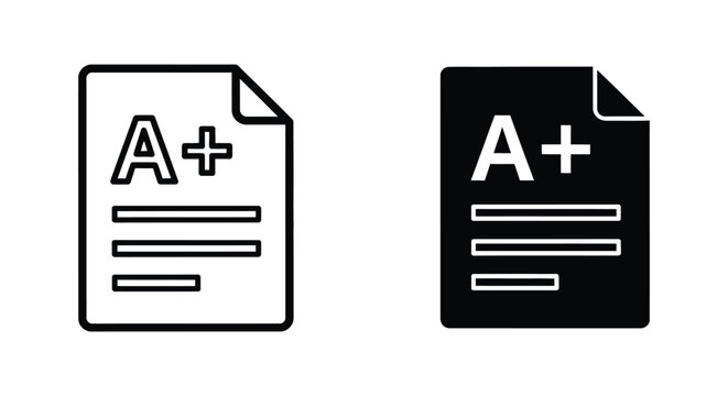 Academic grade A plus document report vector icon set