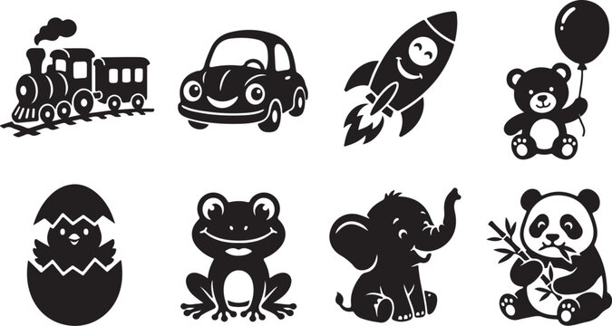 Black icons set, cute animals, vehicles, and objects, 8 elements, vector graphics