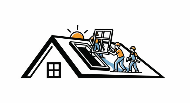 Workers installing a window on a house roof at sunrise
