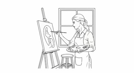 Fototapeta premium Woman artist paints ear on canvas at easel with palette and stool