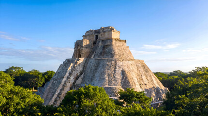 Obraz premium Pyramid of the Magician at Uxmal, Mexico with lush green trees