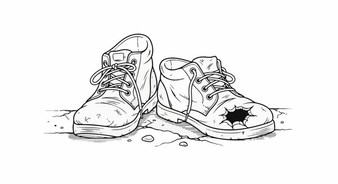 Worn boots with a hole in one toe, resting on cracked ground