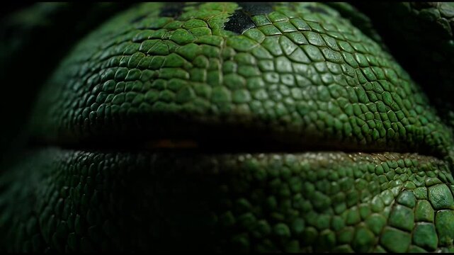 Macro shot of a green reptile eye opening and blinking