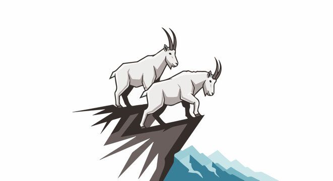 Two white mountain goats with horns stand on a jagged cliff edge with mountains in background