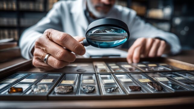 Appraiser Inspecting Gemstones with Loupe in an Organized Display Case