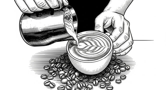 Barista pouring latte art into a coffee cup surrounded by beans.