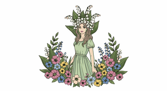 Whimsical maiden adorned with a crown of delicate white flowers and green leaves