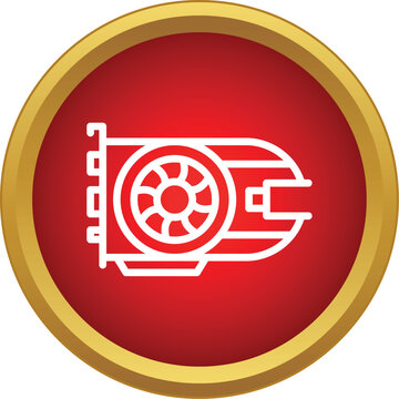 Outline of a gpu with a fan in a red circle with a gold border