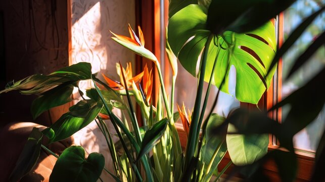 indoor green corner monstera and strelitzia near window sunlight shadows cozy apartment natural interior lifestyle plants composition soft light