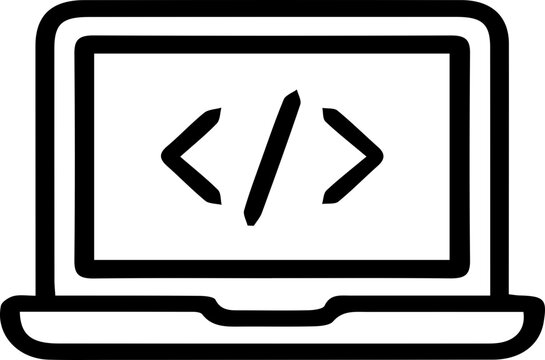A line art icon depicting a laptop computer displaying a code symbol on its screen, representing programming or web development.