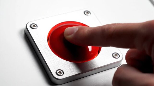 Large red button on a metallic square base against white background