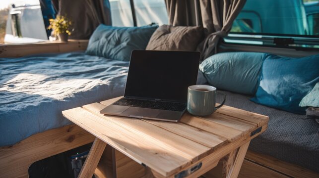 laptop on foldable table camper workspace remote work van life modern nomad lifestyle
