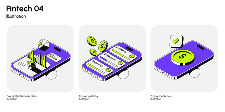 Modern fintech illustration set featuring key financial app scenarios including dashboard analytics, income and expense tracking, and transaction success states. Vector