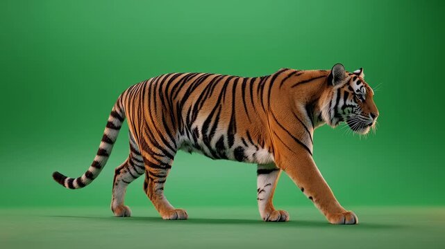 Majestic Bengal Tiger Walking Side View on Green Screen Chroma Key Background for Wildlife Documentary Educational Content and Cinematic Visual Effects Compositing