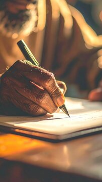 Close-up of elderly hand writing with a pen on a page, soft light and warm tones