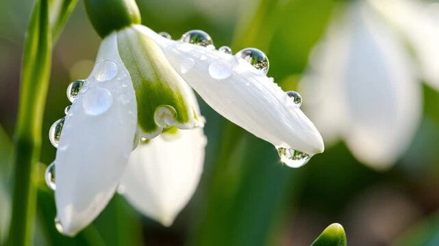 Close up of delicate white snowdrop flowers with water droplets
