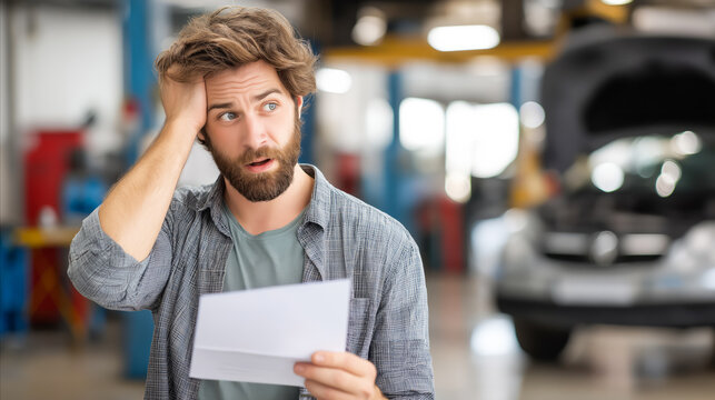 Surprised man holds a car repair bill at a car repair shop and clutches his head. Conceptualizing the high cost of car maintenance.