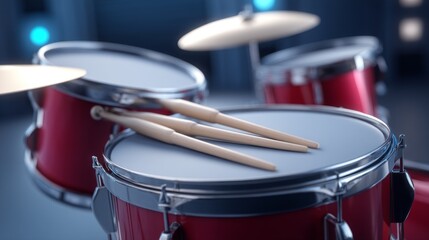 Obraz premium Small Drum Set with Drumsticks Arranged on a Professional Stage Background