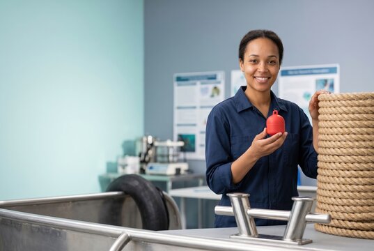 Young female oceanographer smiling with nautical equipment in laboratory