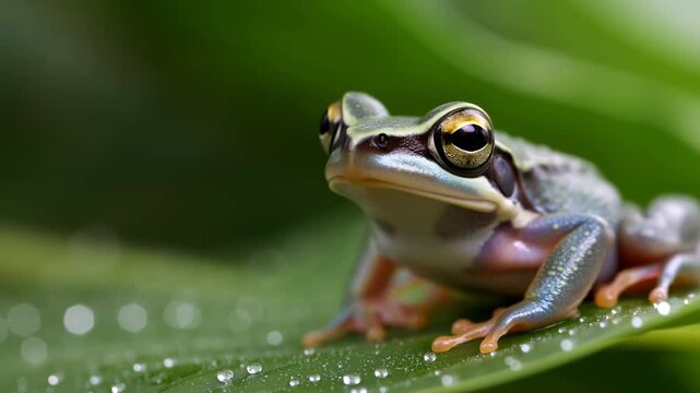 Frog On Leaf. Detailed Wildlife Portrait Of Tranquil Tree Frog With Shimmering Dew On Tropical Leaf