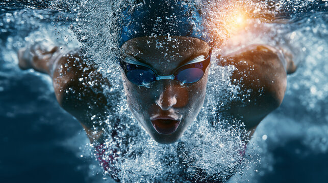 Underwater photo of female swimmer training in swimming pool 