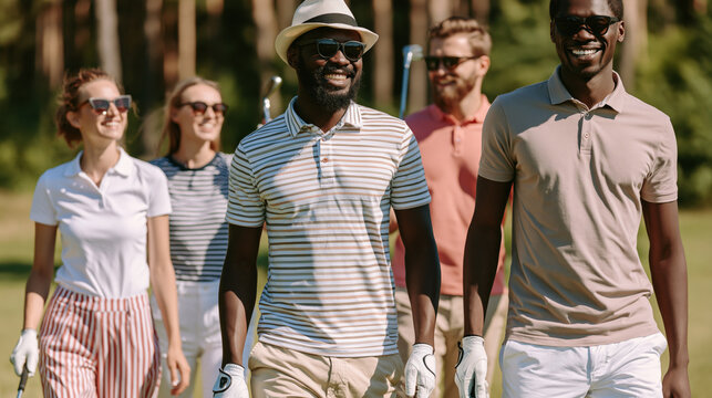 Stylish multicultural friends walking on a lush golf course