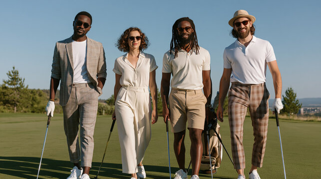 Stylish multicultural friends walking on a lush golf course