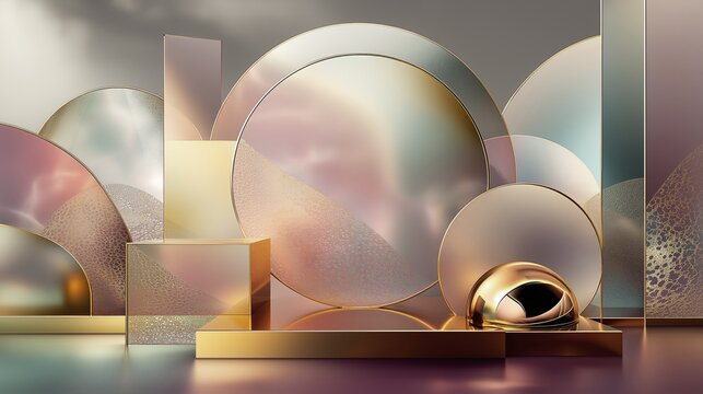 Ai-generated image of a composition of round and rectangular objects and shapes in pastel pastel pink and blue and gold