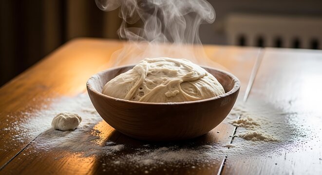 Bowl of creamy soup with green garnish on rustic wooden table