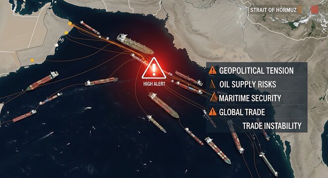 High alert warning sign over strait of hormuz geopolitical tension map